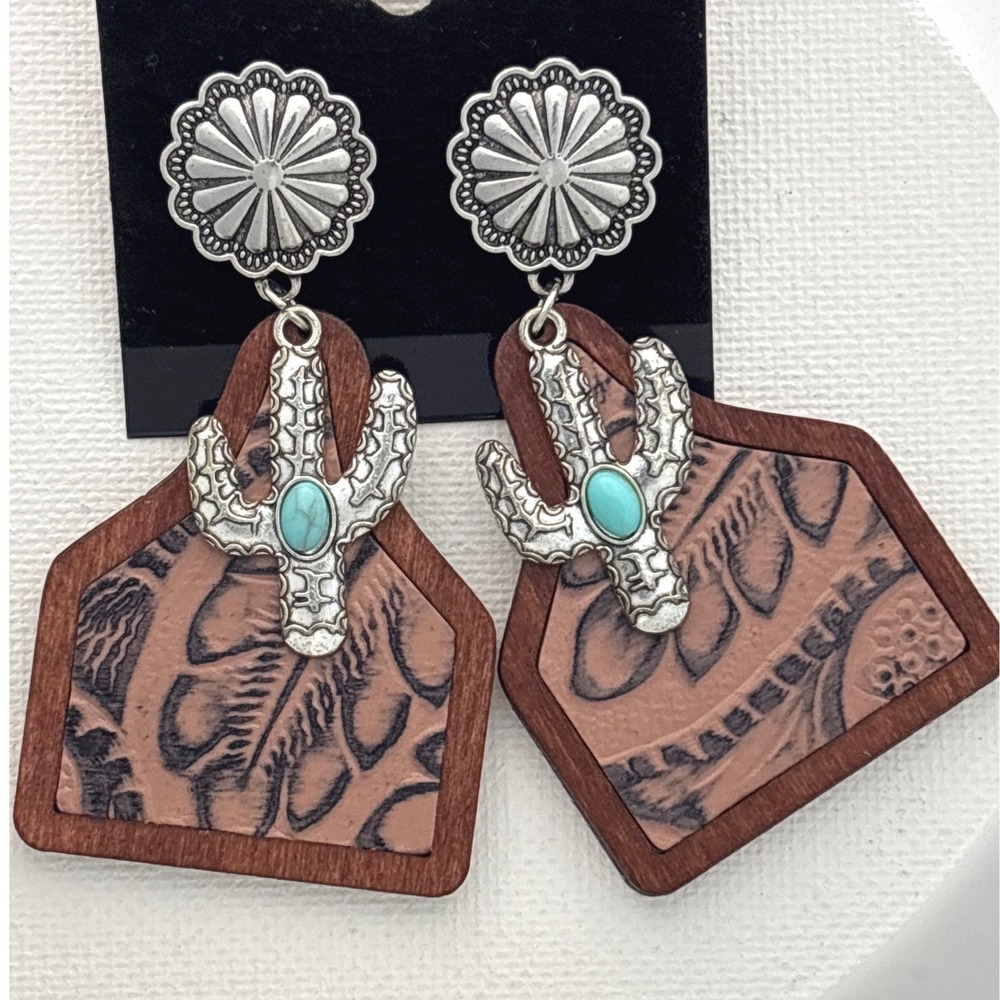 Earrings Wood Faux Leather Brown Silver Post Western Cactus Southwestern New